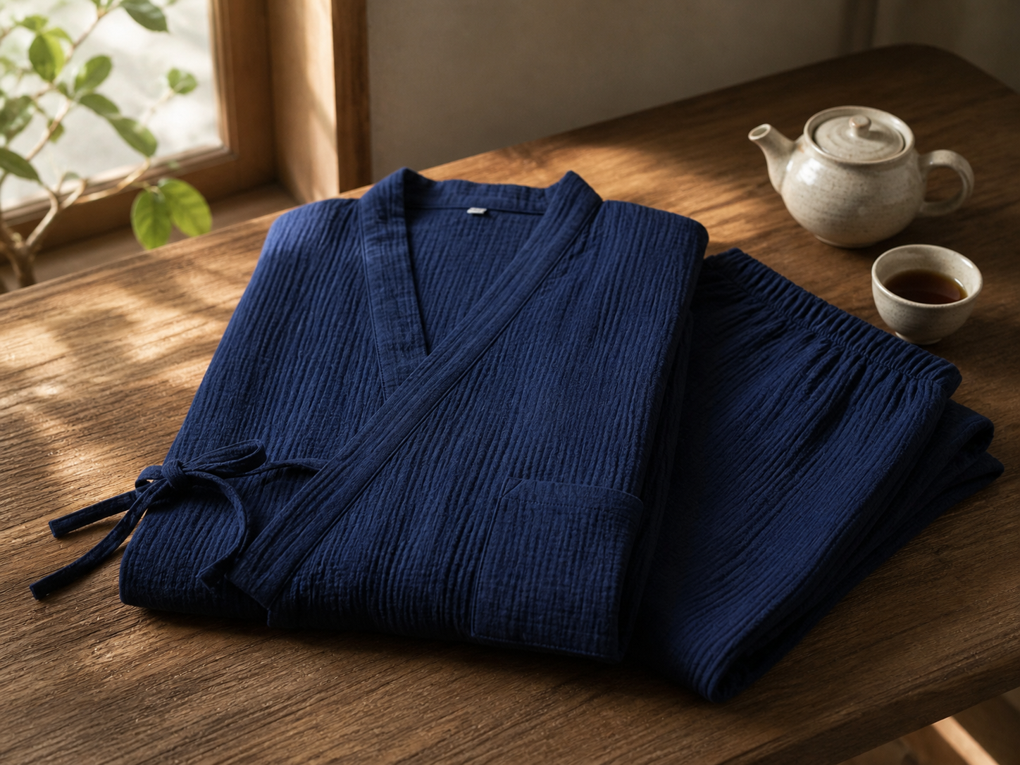 Indigo Yoru kimono set folded next to a ceramic teapot on a wooden surface in soft window light