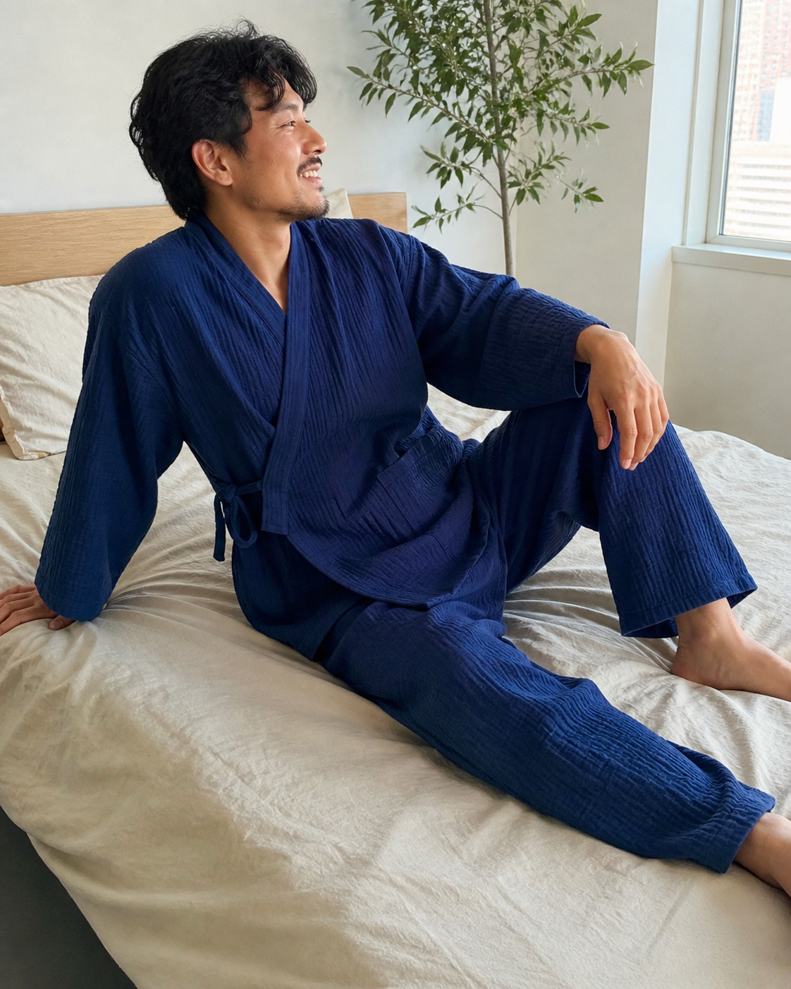 Indigo Yoru kimono set worn in a modern apartment lifestyle scene