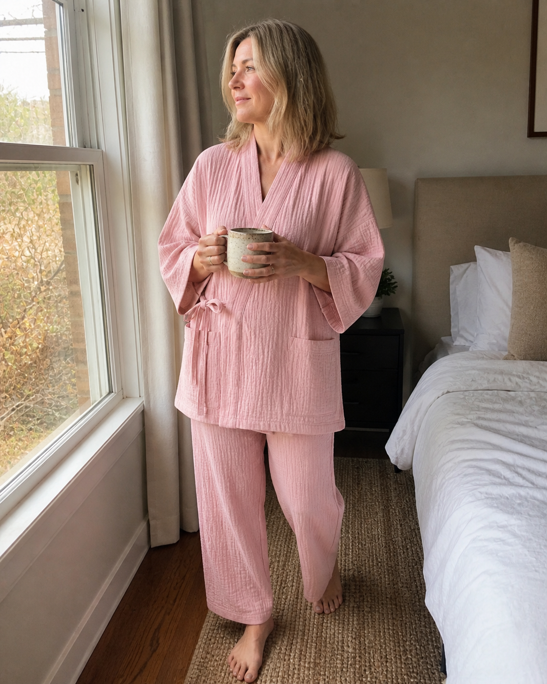 Soft lifestyle image inspired by Sakura Dusk, showing relaxed calm in a bedroom near the window