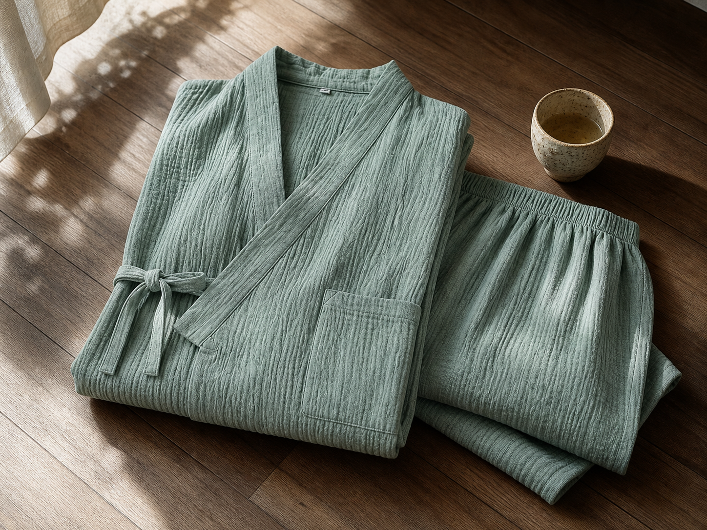 Folded sage green kimono set on a wooden floor with a small ceramic cup in soft natural daylight