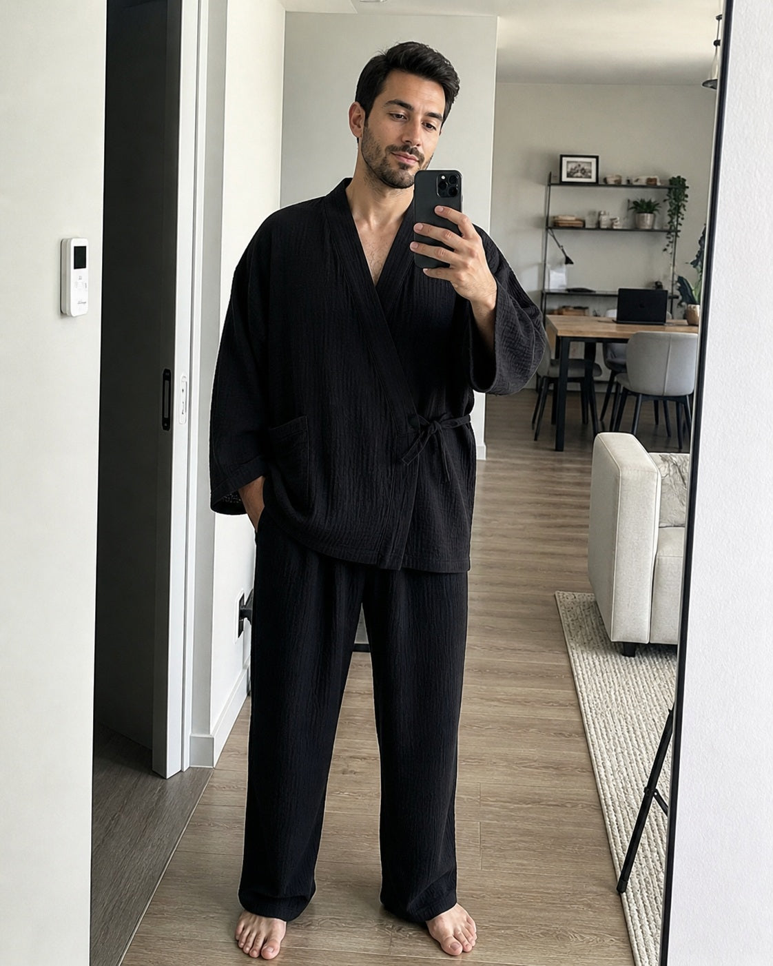 Man wearing the black Yoake Kimono Set in a mirror selfie
